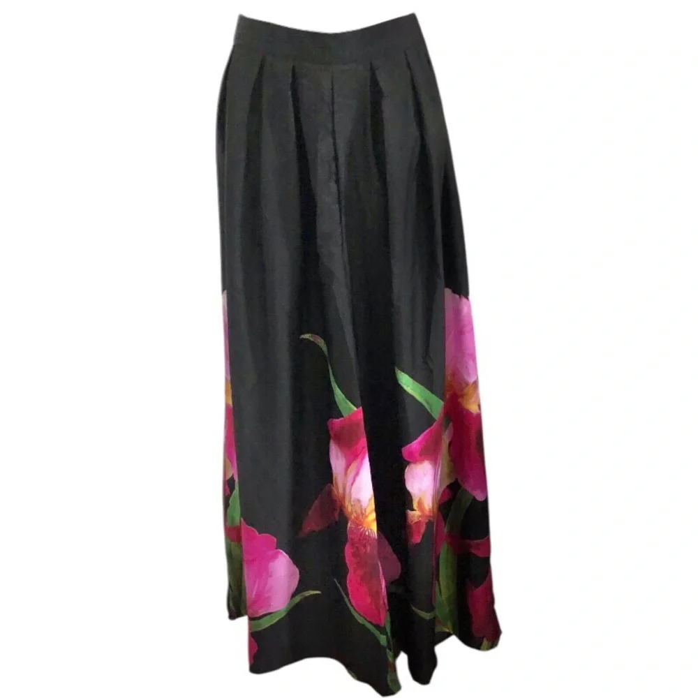 Black pink hibiscus floral tropical print hem wide leg flowy pants size XL new - Picture 12 of 17